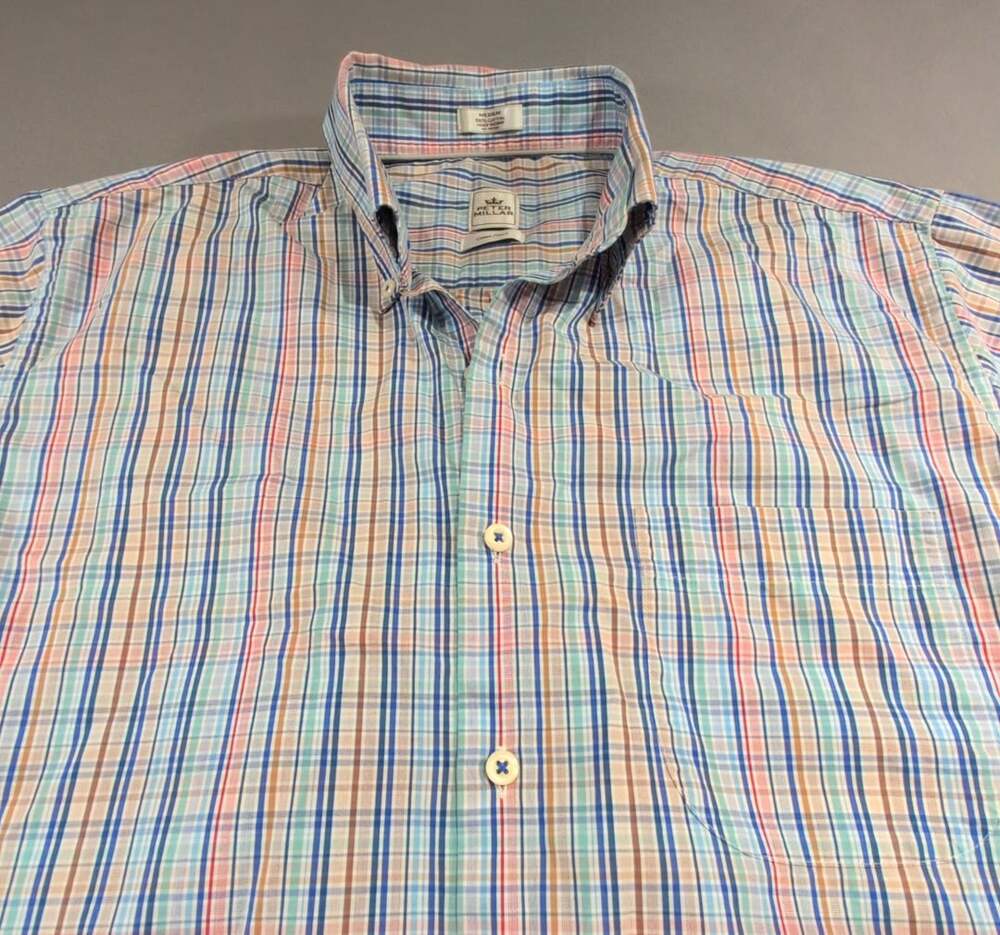 Peter Millar Crown Finish Sport Shirt Size Medium Plaid Long Sleeve Cotton